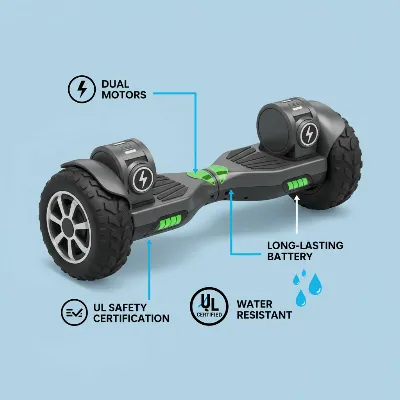 A detailed infographic showing key features of an all-terrain hoverboard, including large tires, powerful motors, and safety certifications.