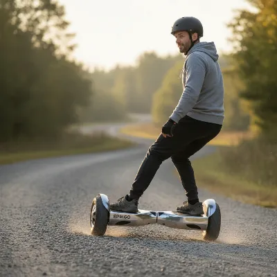 Epikgo Classic Hover Board tackling a gravel path with ease, demonstrating its off-road capabilities