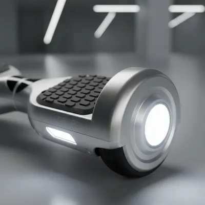 Close-up of Epikgo Classic Hover Board's non-slip footpads and LED headlights emphasizing safety and design