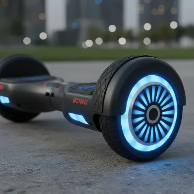 Close-up of a Gotrax Hoverfly ION hoverboard's wheel with LED lights, showing the footpad and sturdy build.