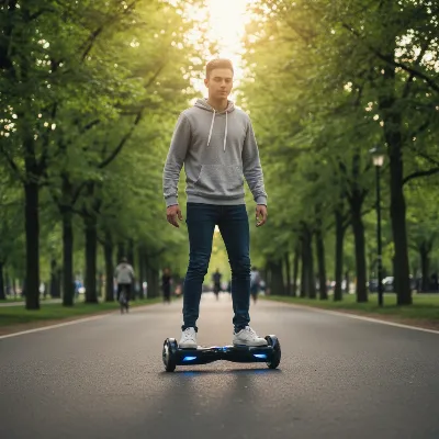 A person smoothly riding a Gotrax Hoverfly ION hoverboard on a paved pathway in a park on a sunny day.