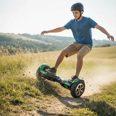 Gyroor Warrior off-road hoverboard navigating a grassy trail with power