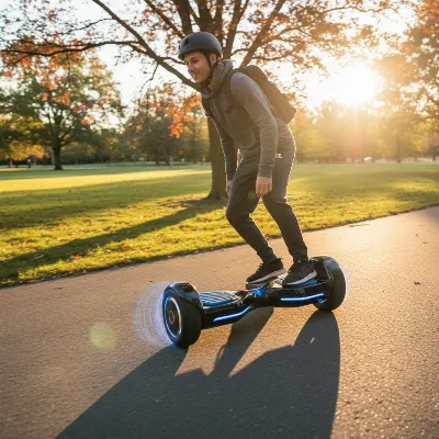 A Halo Rover X hoverboard with bright LED lights and a person riding it outdoors, showcasing its all-terrain capabilities and integrated Bluetooth speakers for music on the go.