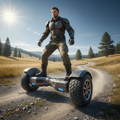 A heavy-duty hoverboard with large, rugged tires tackling a gravel path with an adult rider, sunny day, dynamic angle, realistic style