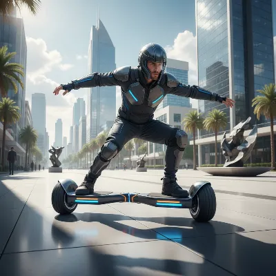 A person confidently riding a sleek, high-speed hoverboard on a smooth urban path, buildings in the background, with a sense of motion and excitement. The rider is wearing a helmet and looking forward.