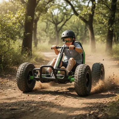 Hover-1 Beast Buggy go-kart attachment in action on a dirt path with a rider, showcasing off-road capability.
