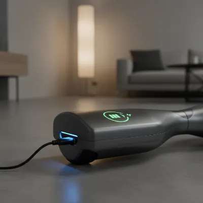 A hoverboard plugged into a charger, with a glowing battery icon on its display, emphasizing proper charging practices.