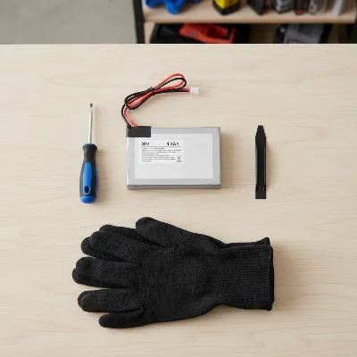 Essential tools laid out for safe hoverboard battery replacement at home, including a screwdriver, plastic pry tool, and protective gloves.