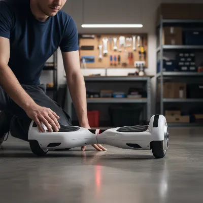 A person inspecting a hover board on a flat surface, checking for error lights and physical damage.