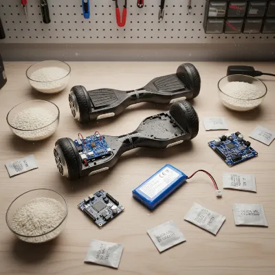 Hoverboard components drying on a table after being exposed to rain, with rice and silica gel packets.