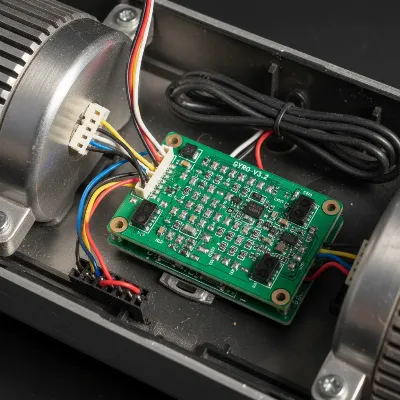A close-up view of a hoverboard's internal gyroscope board with wires connected.