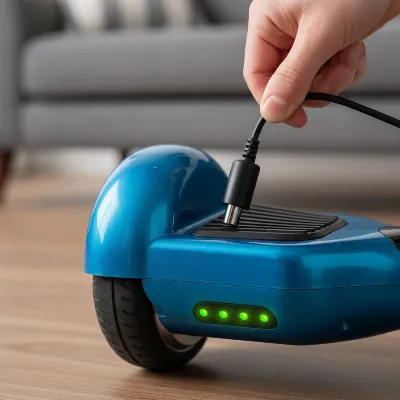 A close-up of a hoverboard being charged, with a hand plugging in the charger. The focus is on the charging port and the battery indicator lights, suggesting care and maintenance.