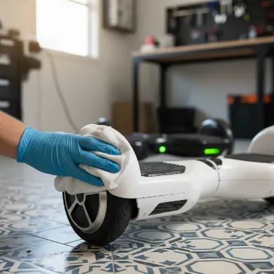 A hand carefully wiping down the wheel of a hoverboard with a cloth, showing good maintenance practice. In the background, a charging hoverboard is visible, connected to a power outlet in a well-ventilated, tidy room. 