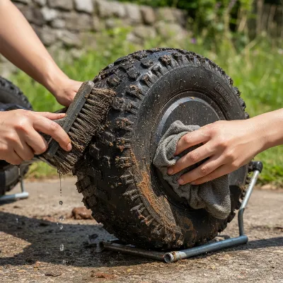 A person cleaning the large, treaded wheels of an off-road hoverboard after a muddy ride
