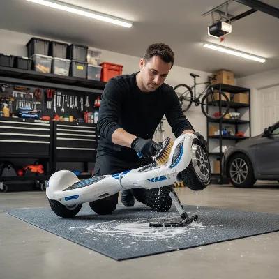 A person cleaning a hoverboard wheel with a brush as part of maintenance