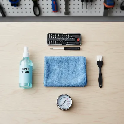 Essential tools for hoverboard maintenance laid out on a workbench.