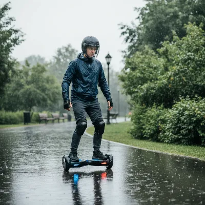 Person riding hoverboard carefully in light rain, wearing protective gear, on a smooth, slightly wet pavement with caution.