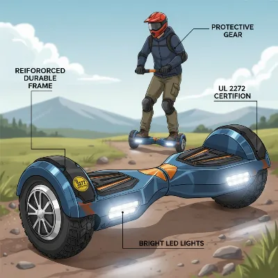 An illustrative image highlighting crucial safety features of an all-terrain hoverboard, such as UL certification label, sturdy frame, and protective gear.