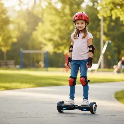 A child wearing a helmet, knee pads, and elbow pads while standing next to a hoverboard, emphasizing safety.
