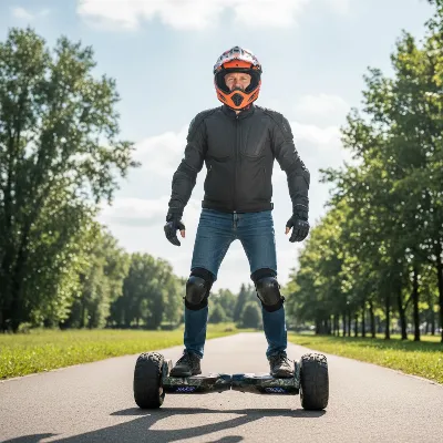 An adult wearing a helmet, knee pads, and elbow pads while riding a heavy-duty hoverboard on a paved path, daylight, safety focus