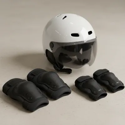 Close-up of essential hoverboard safety gear like a helmet, knee pads, and wrist guards laid out neatly.