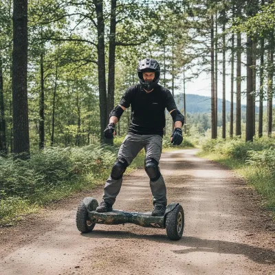 Person wearing safety gear riding an off-road hoverboard on a trail