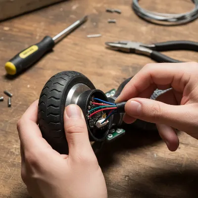 A person inspecting a hoverboard wheel for debris and wiring issues