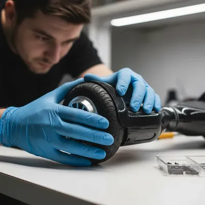 A technician inspecting the wheels of a hoverboard for wear and tear.
