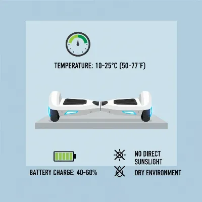 An infographic showing ideal conditions for hoverboard winter storage, including temperature and charge level