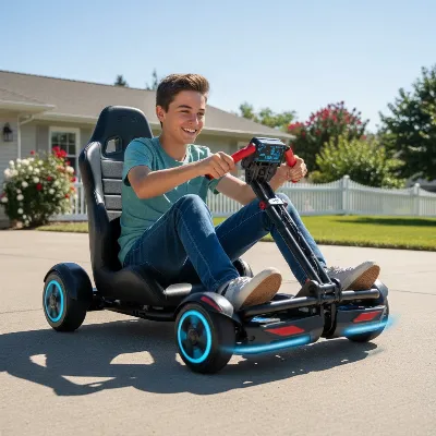 A person riding the Jetson JetKart 2.0 attachment on a paved driveway, showcasing its ease of use and fun factor.