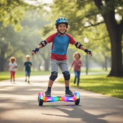 A child confidently riding a colorful hoverboard with LED lights in a park, laughing with friends in the background.