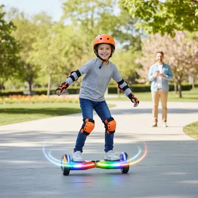 A child wearing a helmet and pads while safely riding a hoverboard on a paved area, emphasizing safety gear.
