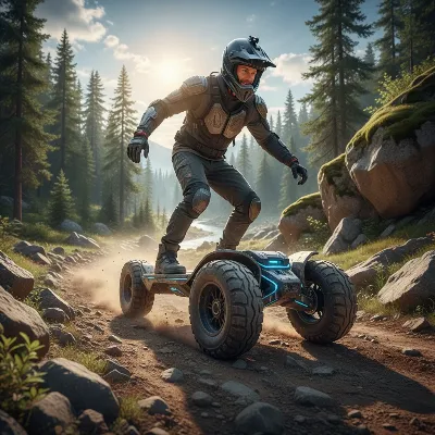 A rugged off-road hoverboard navigating a rocky, dirt trail with a person riding it
