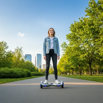 A person confidently riding a perfectly balanced hoverboard on a smooth paved path in a park setting.