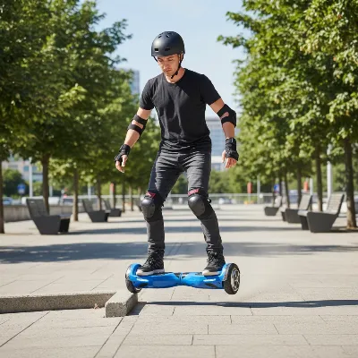 A Razor Hovertrax 2.0 hoverboard being tested for durability on a paved path, showing a rider navigating small bumps