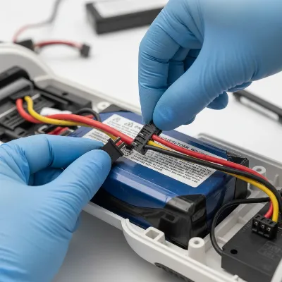 Technician carefully disconnecting an old hoverboard battery from its internal wiring, emphasizing safety.
