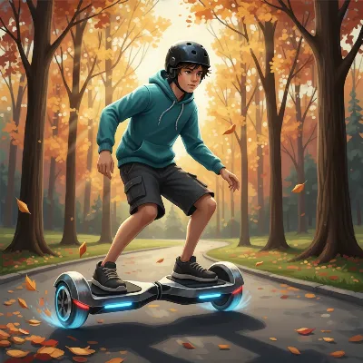 Teenager happily riding a hoverboard on a smooth path in a park, enjoying the freedom and technology of the personal transporter.